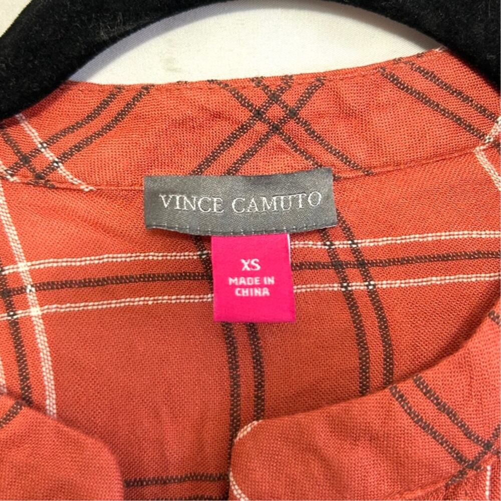 Vince Camuto Plaid Ruffle Sleeve Pin Tuck Relaxed Blouse Women's Sz XS Apple Red - Picture 3 of 7